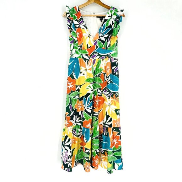 Maggy London Multicolor Floral Sleeveless V-Neck Ruffle Zip Maxi Dress Petite 4 - Picture 3 of 12
